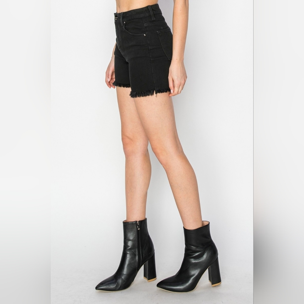 RISEN Black Cut-off Frayed High Rise Distressed Denim Mid-length Jean Shorts - Picture 3 of 16